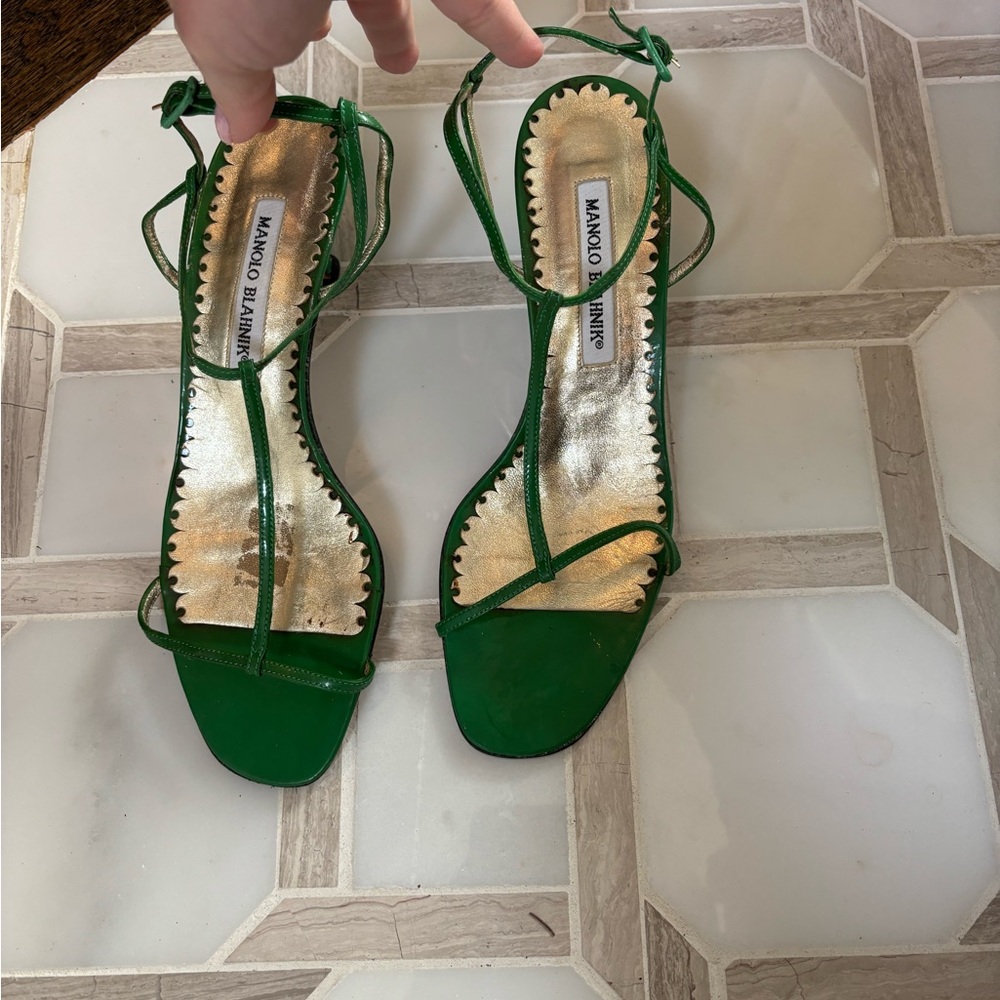 Manolo Blahnik Green Strappy Sandal with Gold Insole